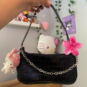 Black Faux Croc-Embossed Shoulder Bag with Silver Chain